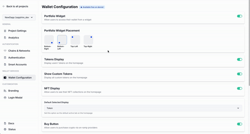 Wallet Configuration on Dashboard