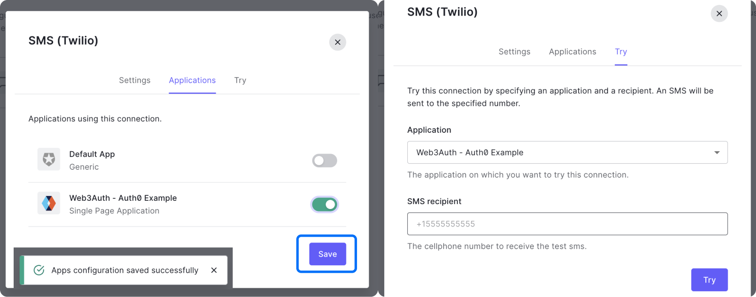 Auth0 Dashboard to enable SMS Passwordless | Enable App
