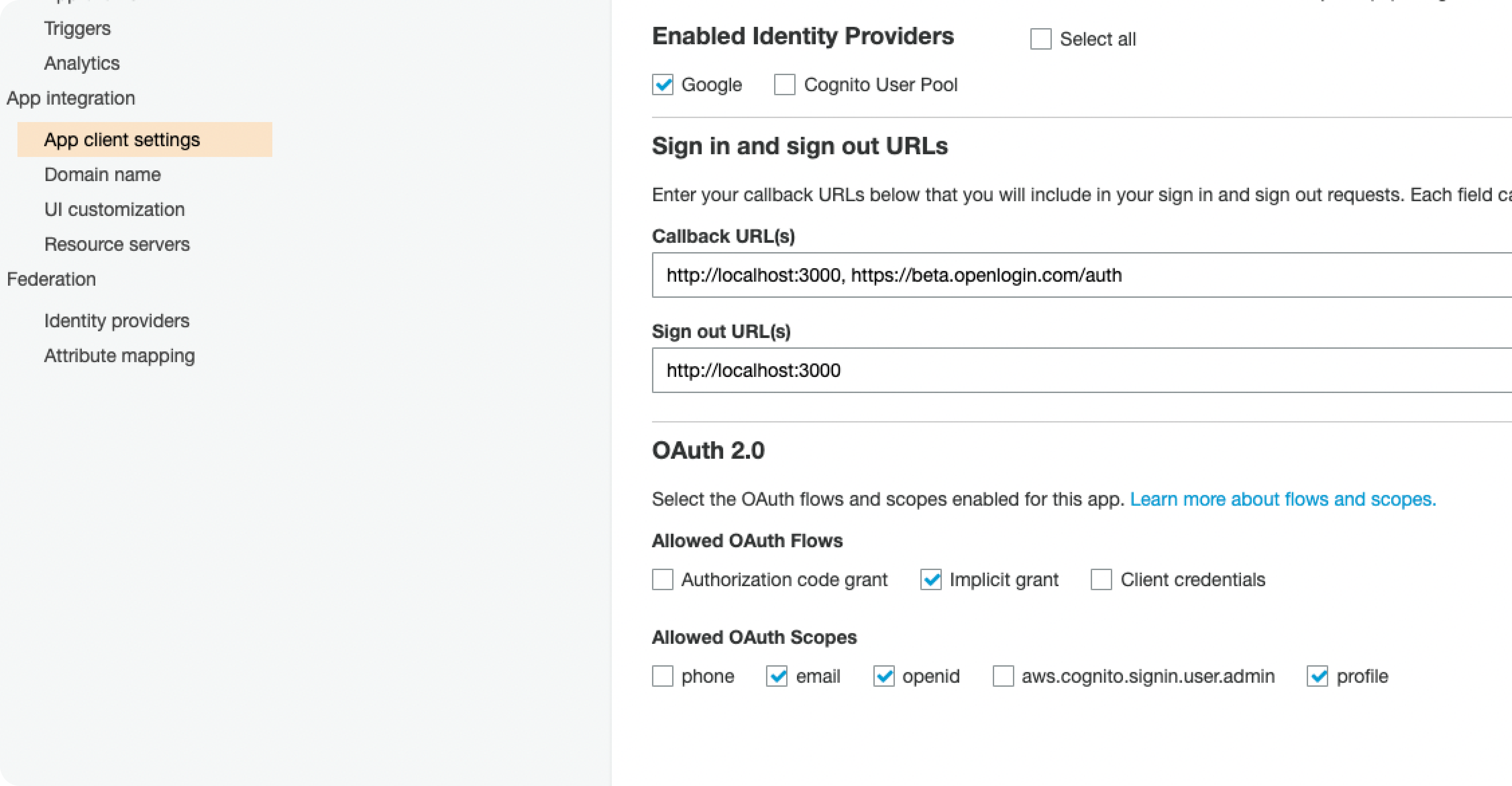 AWS Cognito - App Client Settings Final