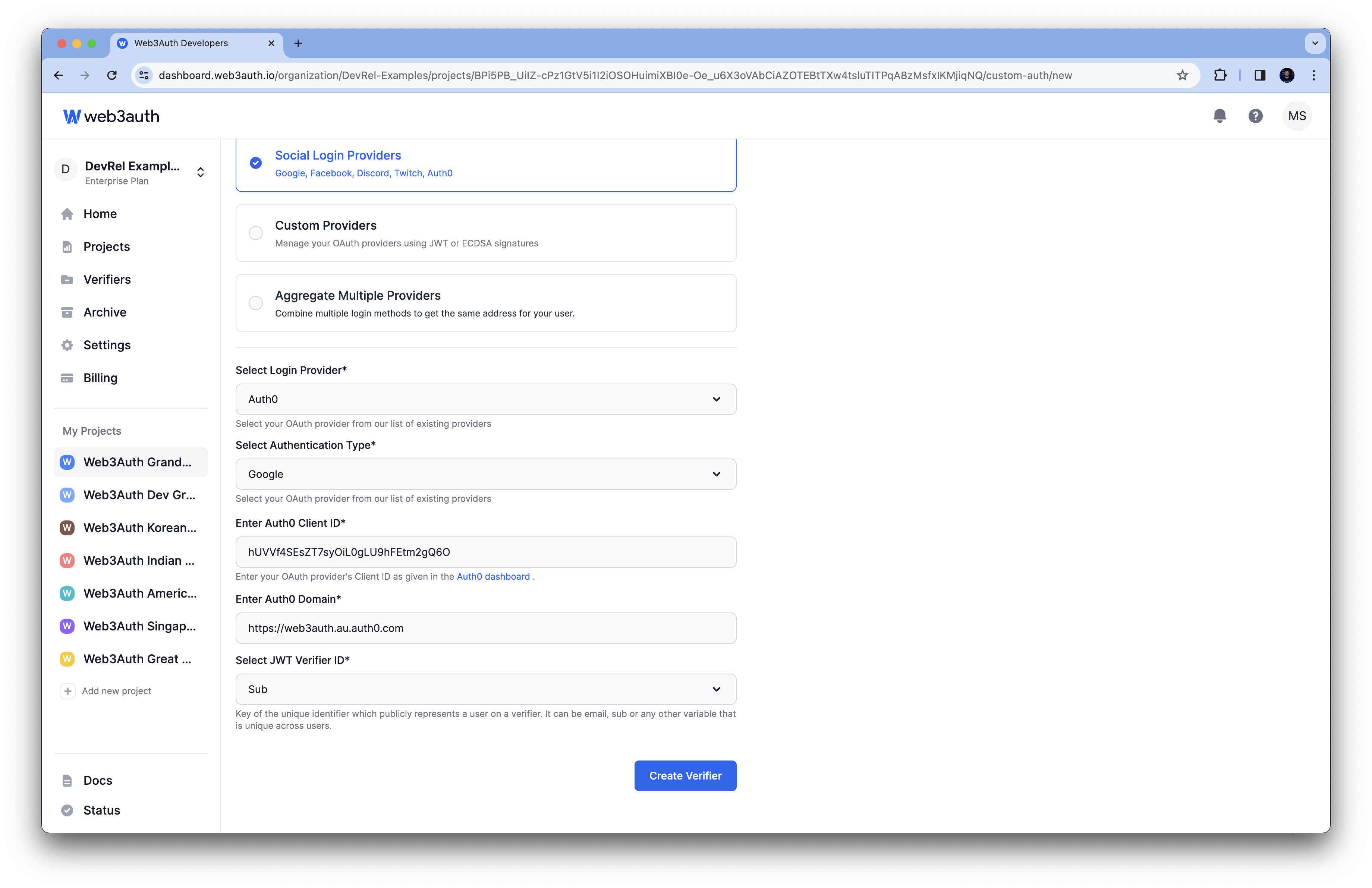 Auth0 Client ID and Domain on Web3Auth Dashboard