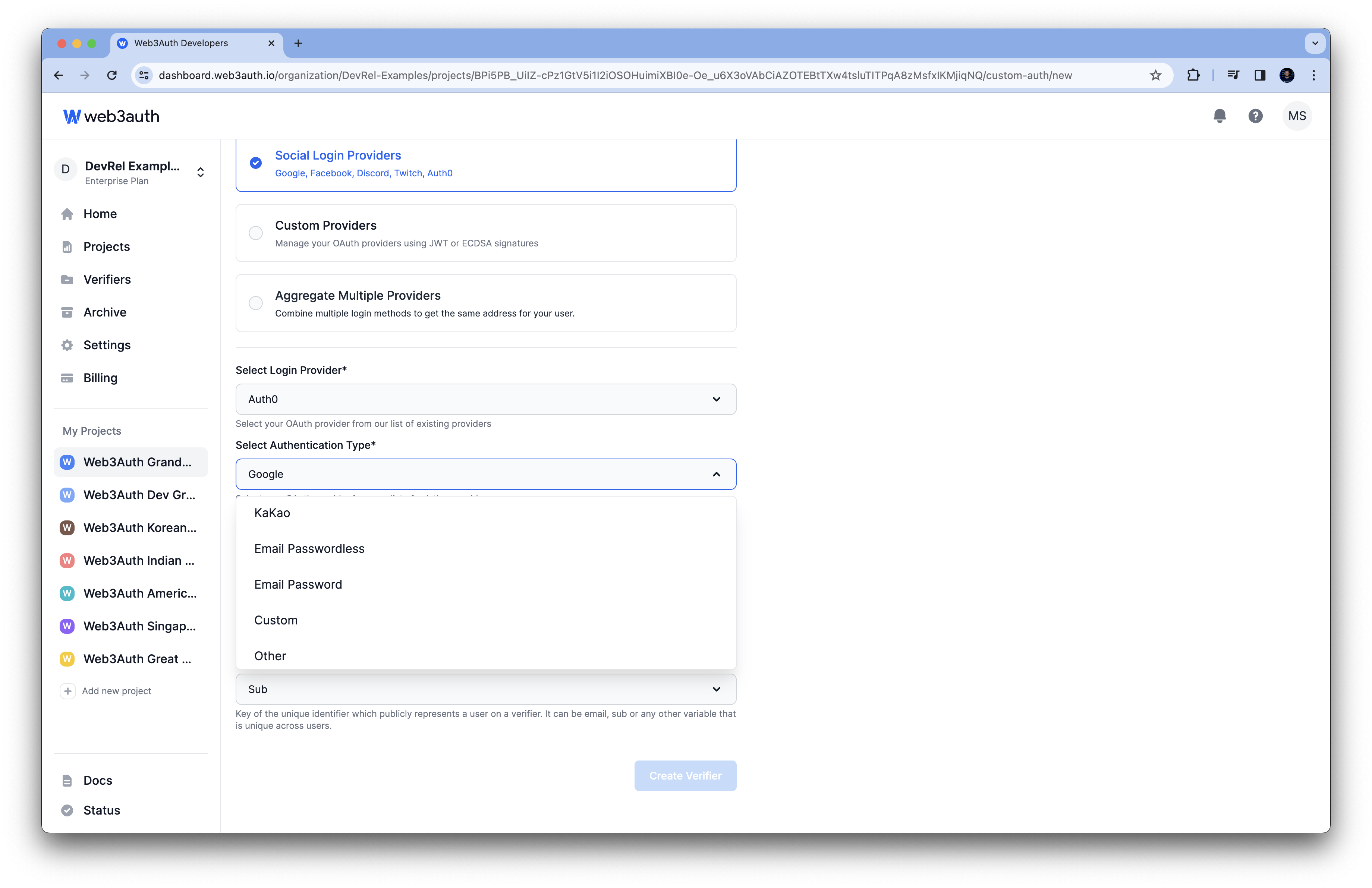 Auth0 Authentication Type list on Web3Auth Dashboard