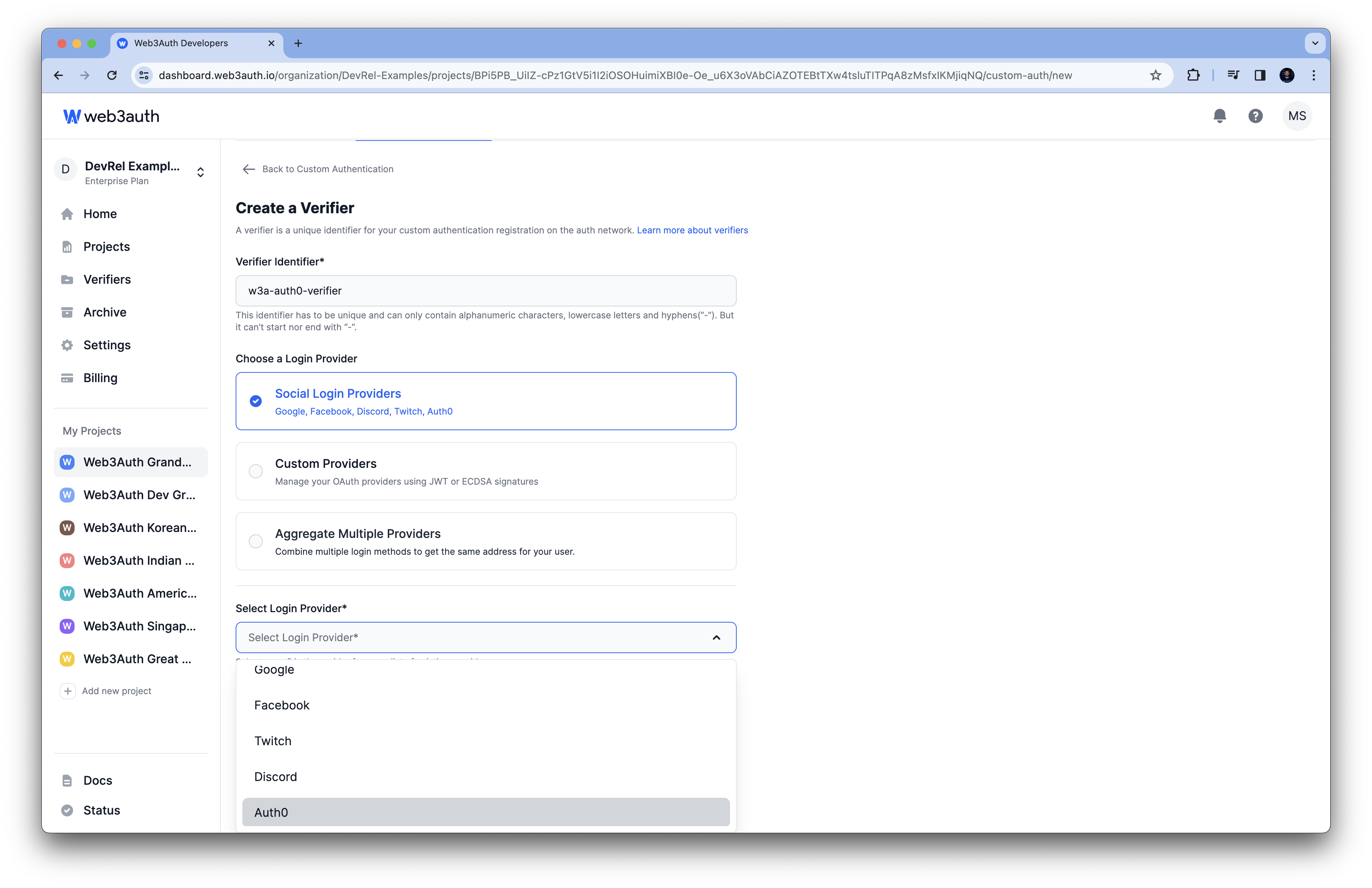 Auth0 - Login Providers list on Web3Auth Dashboard