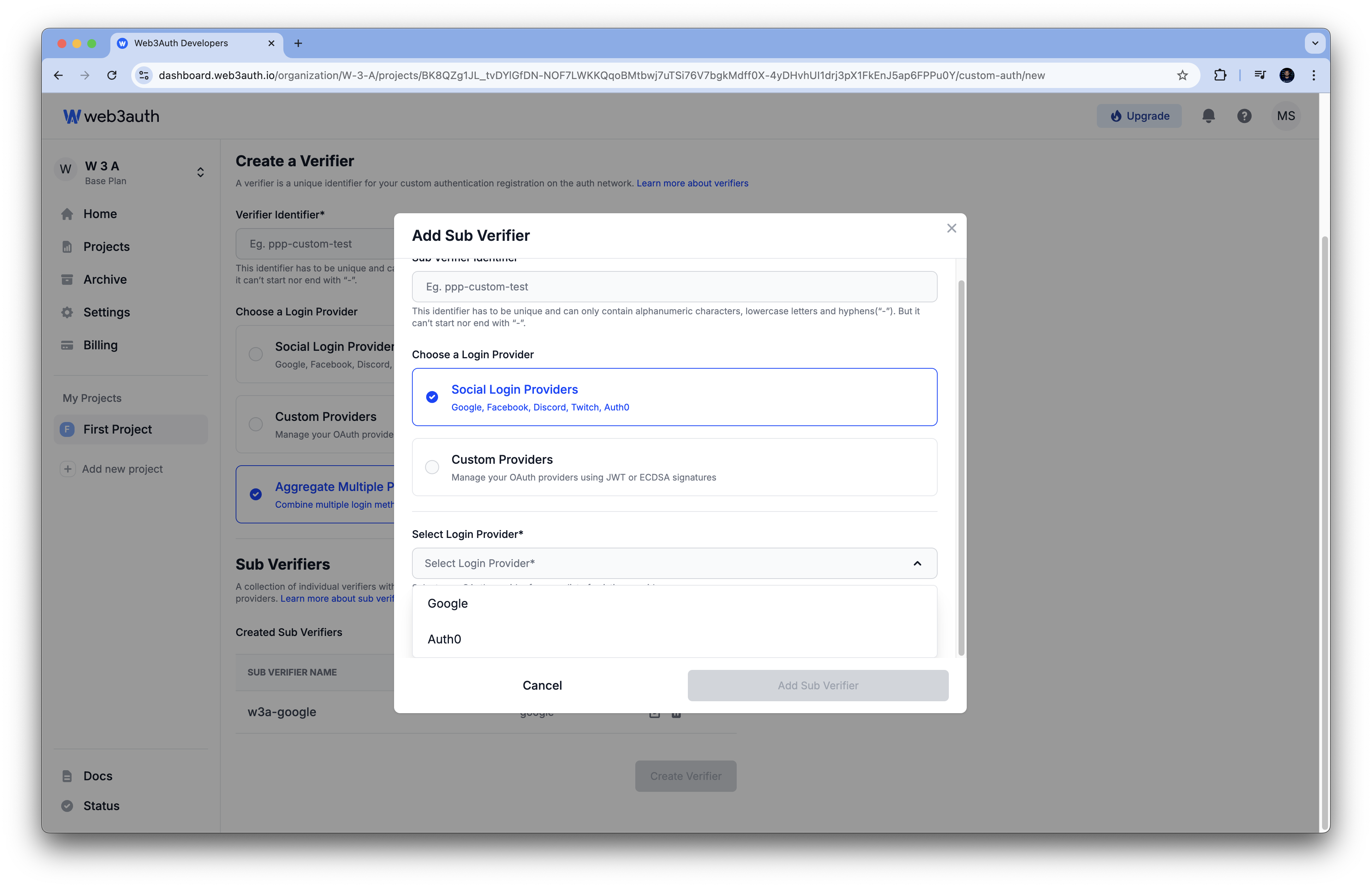 Auth0 as sub verifier on Web3Auth Dashboard