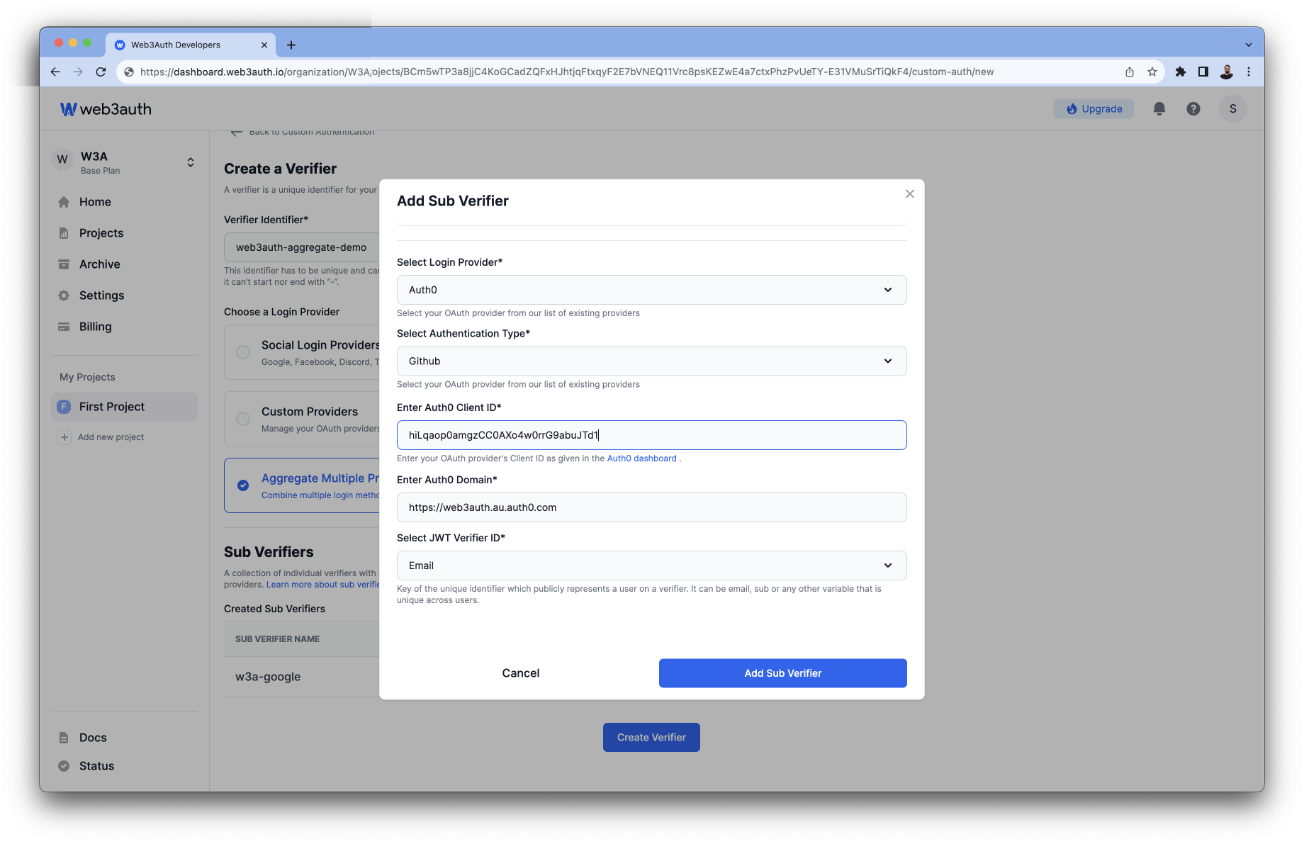 Create GitHub Sub Verifiier on Web3Auth Dashboard