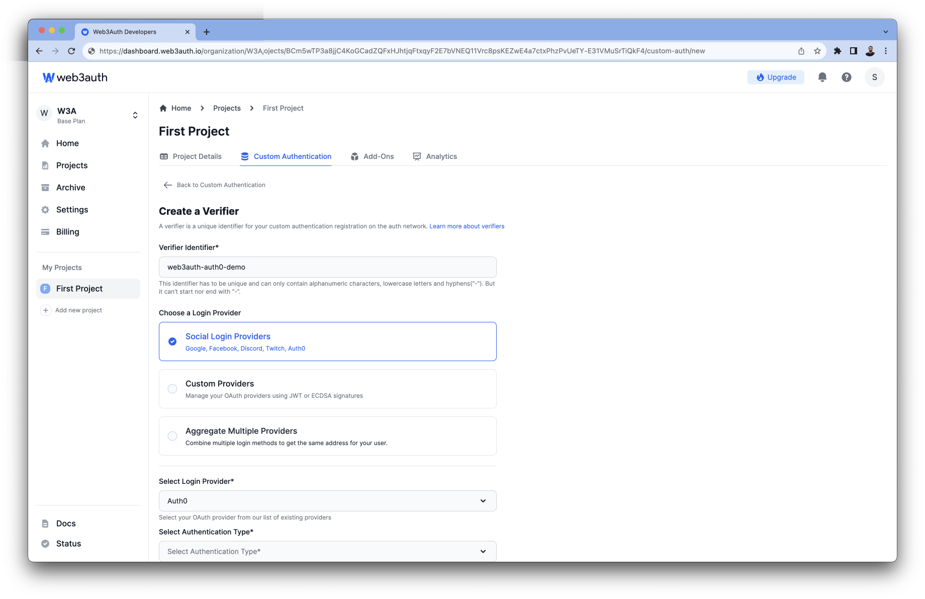 Facebook - Login Providers list on Web3Auth Dashboard