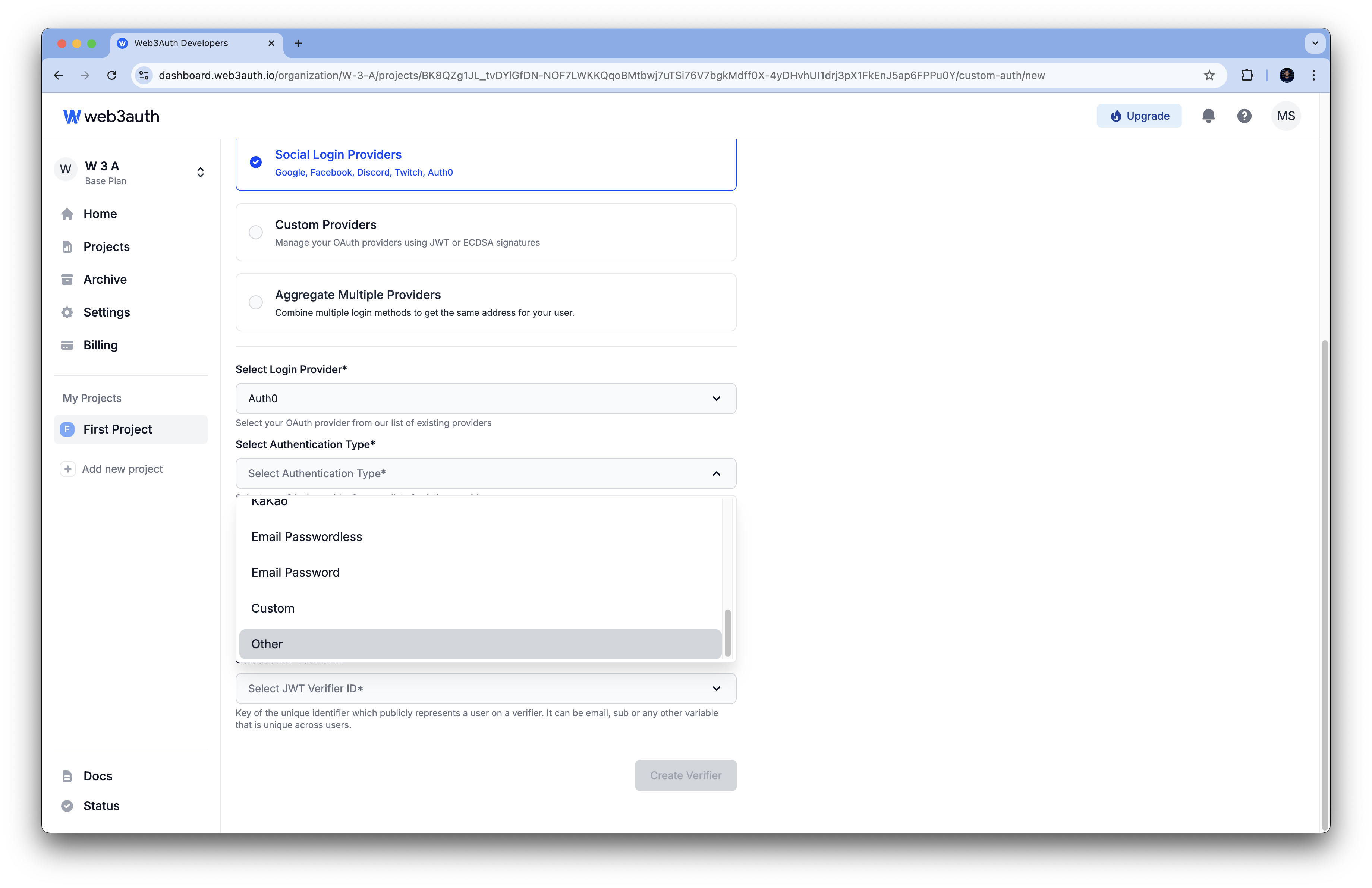 WorldCoin - Auth0 Authentication Type list on Web3Auth Dashboard