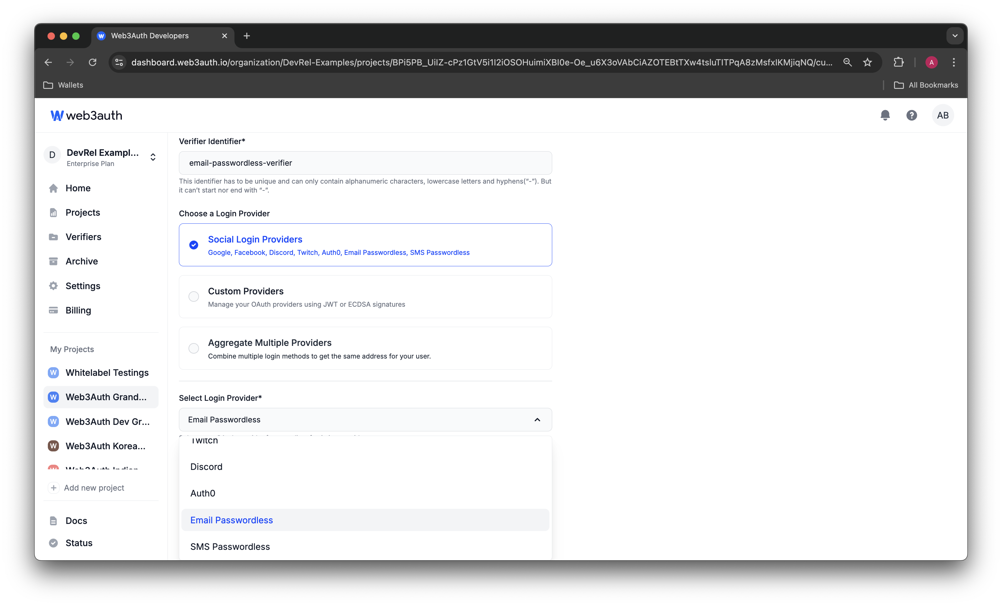 Login Providers list on Web3Auth Dashboard