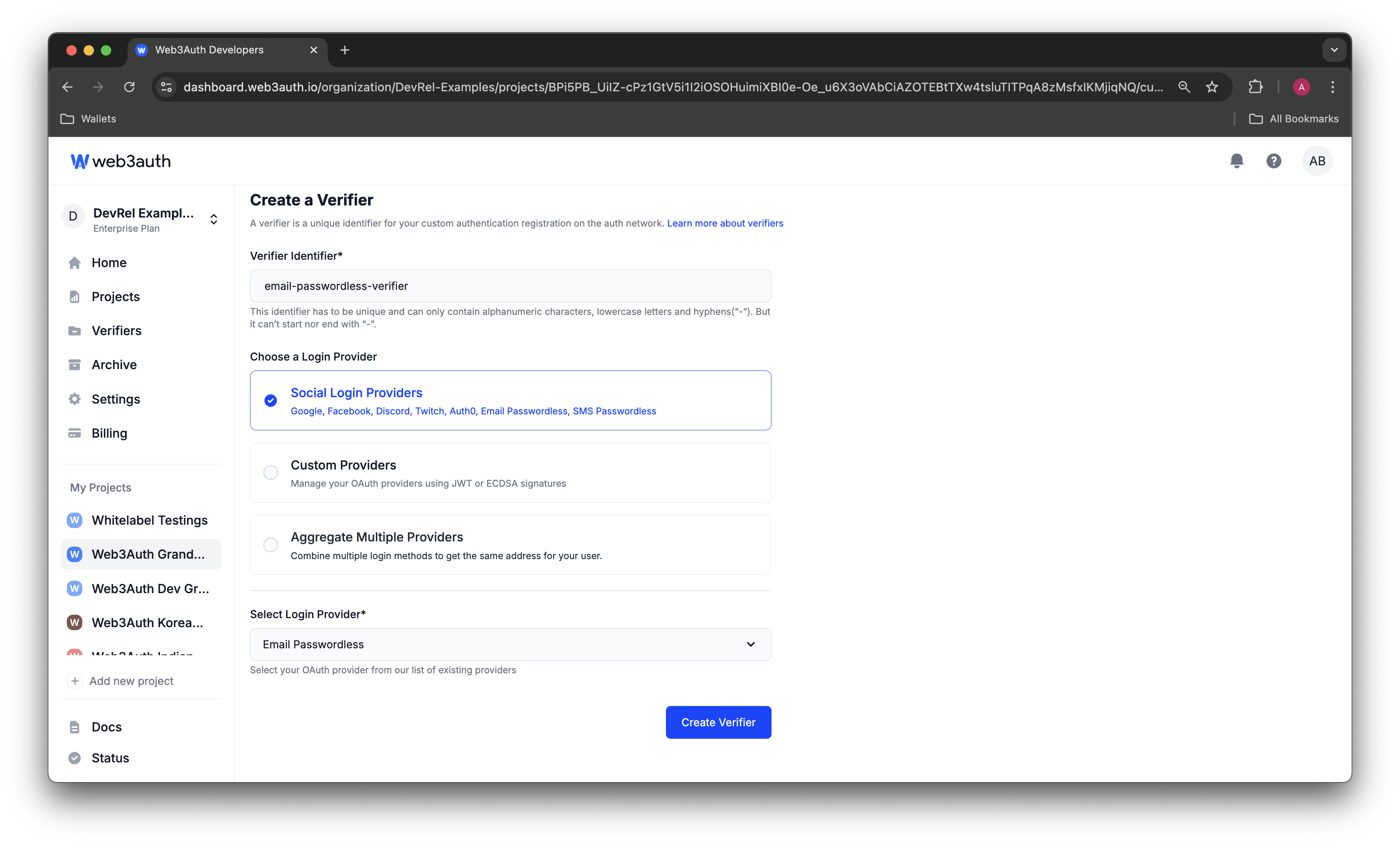 Email Passwordless Verifier on Web3Auth Dashboard