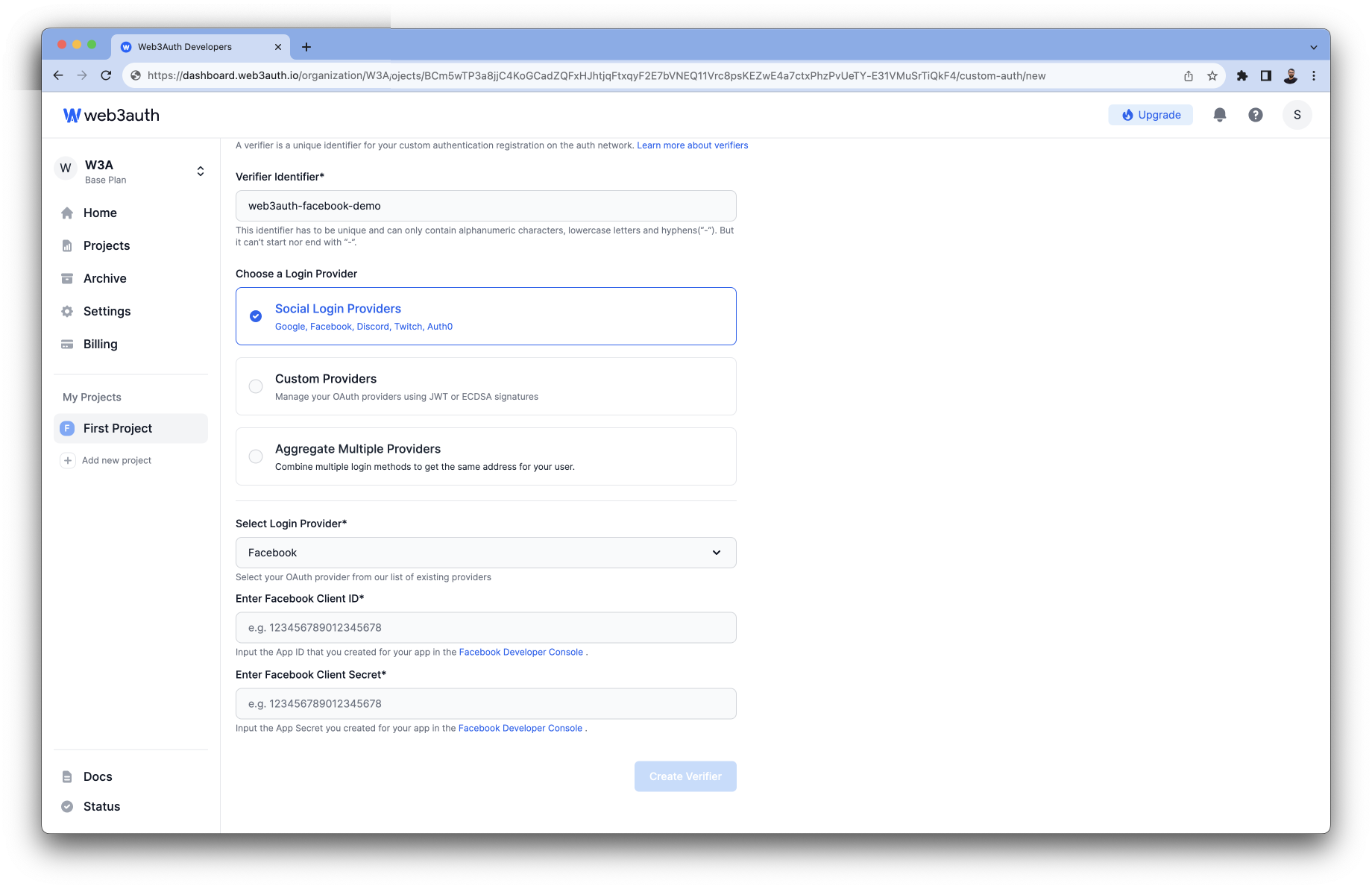 Facebook Client ID on Web3Auth Dashboard