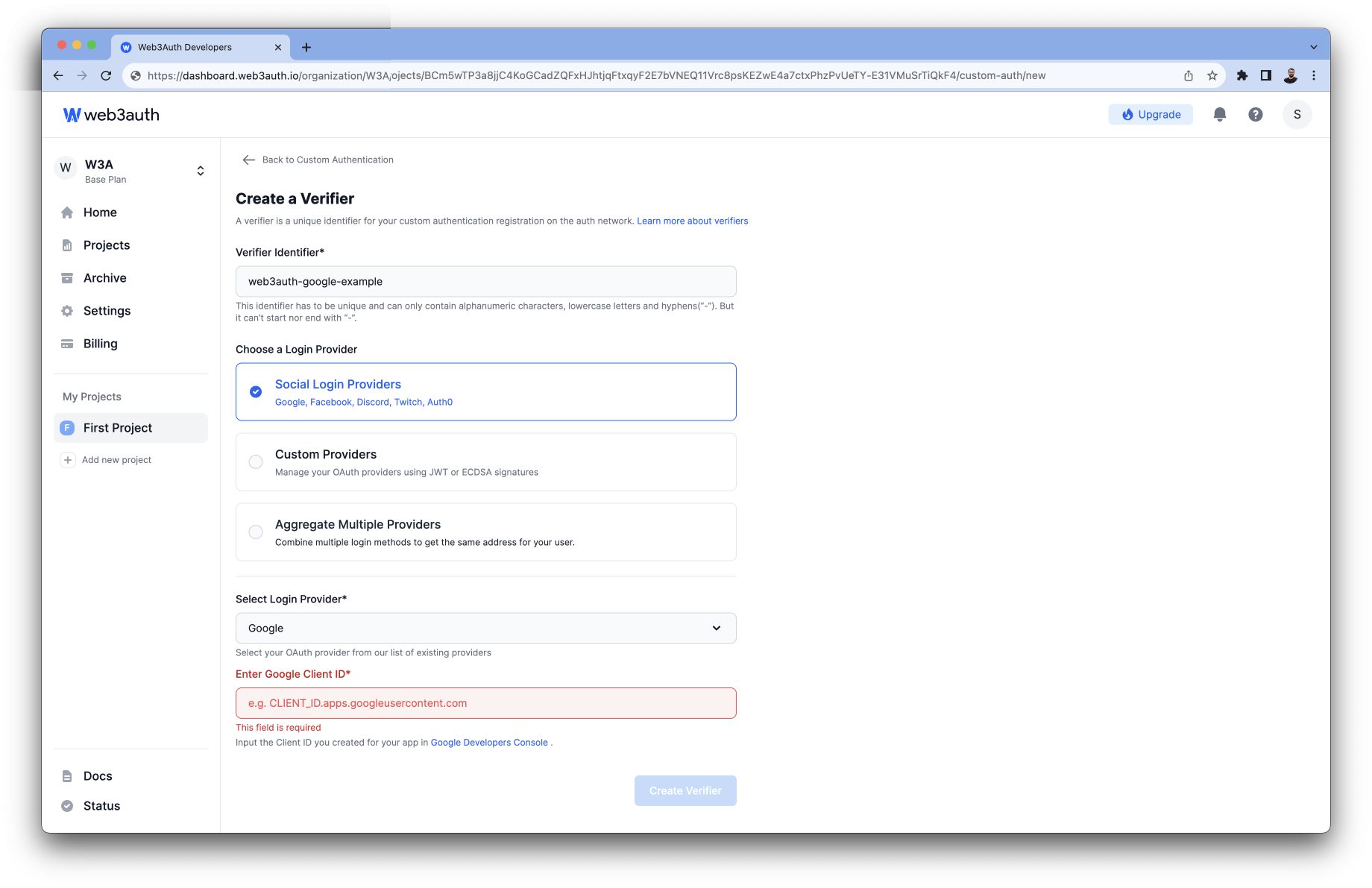 Google Client ID on Web3Auth Dashboard