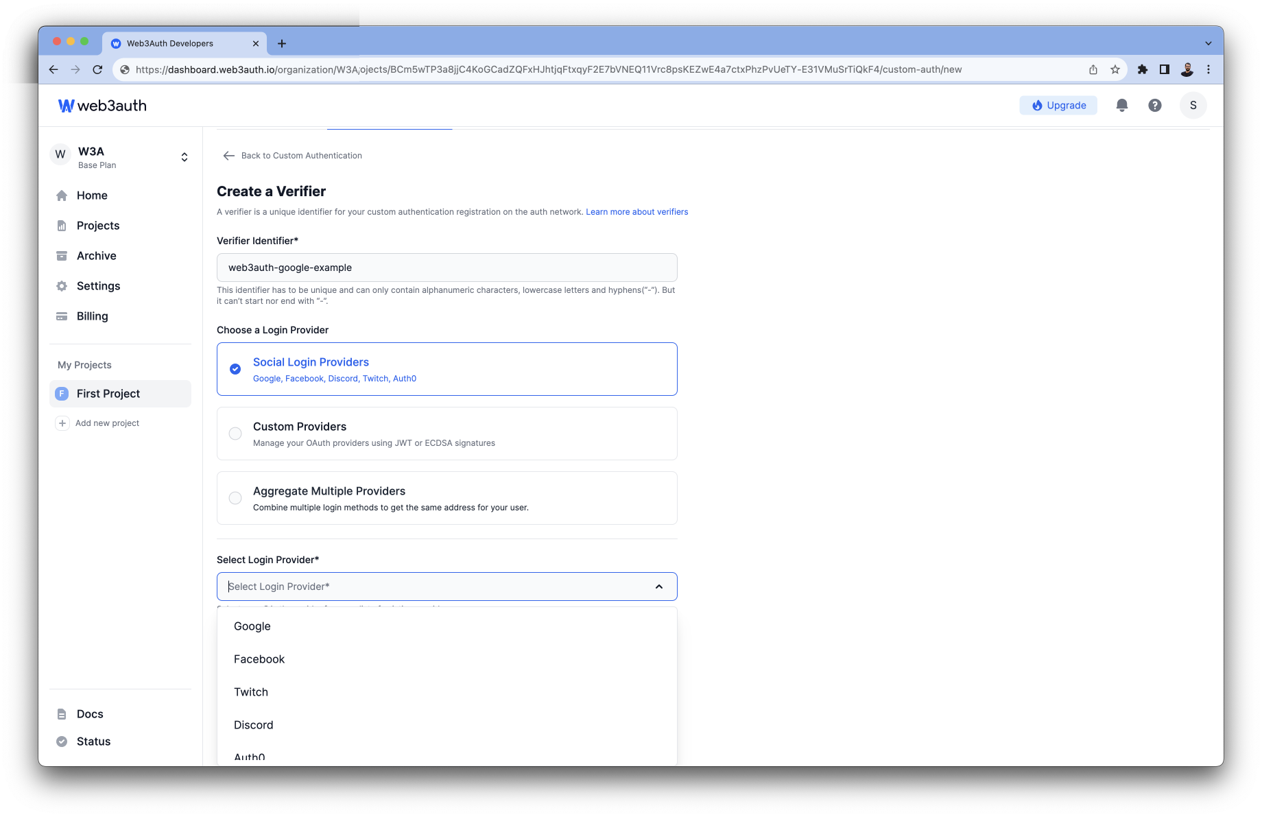 LinkedIn - Auth0 Authentication Type list on Web3Auth Dashboard