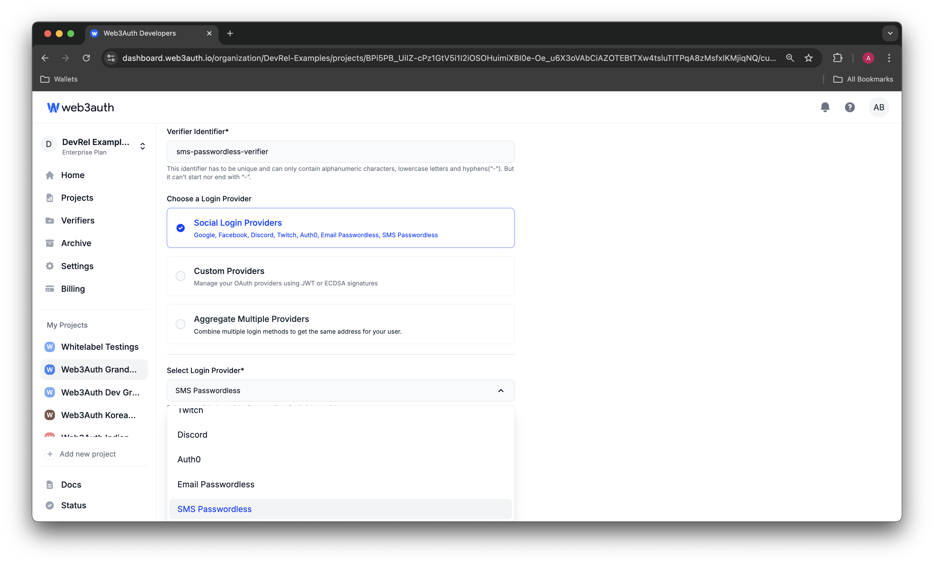 Login Providers list on Web3Auth Dashboard