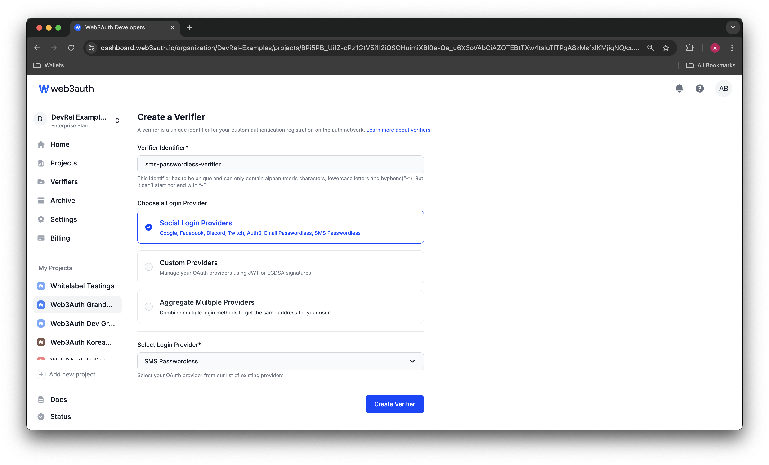 SMS Passwordless Verifier on Web3Auth Dashboard