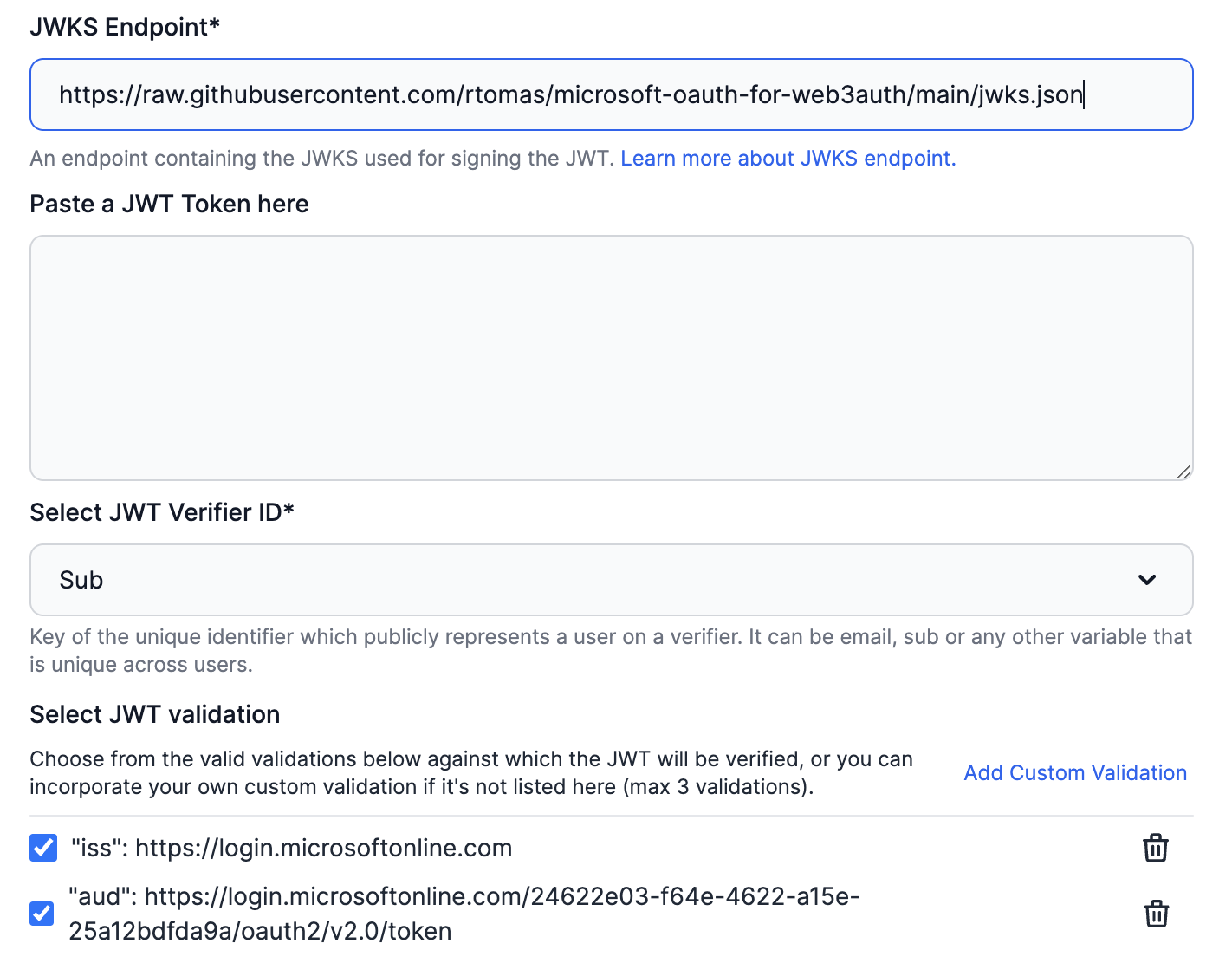 Custom JWT Provider in Web3Auth Dashboard