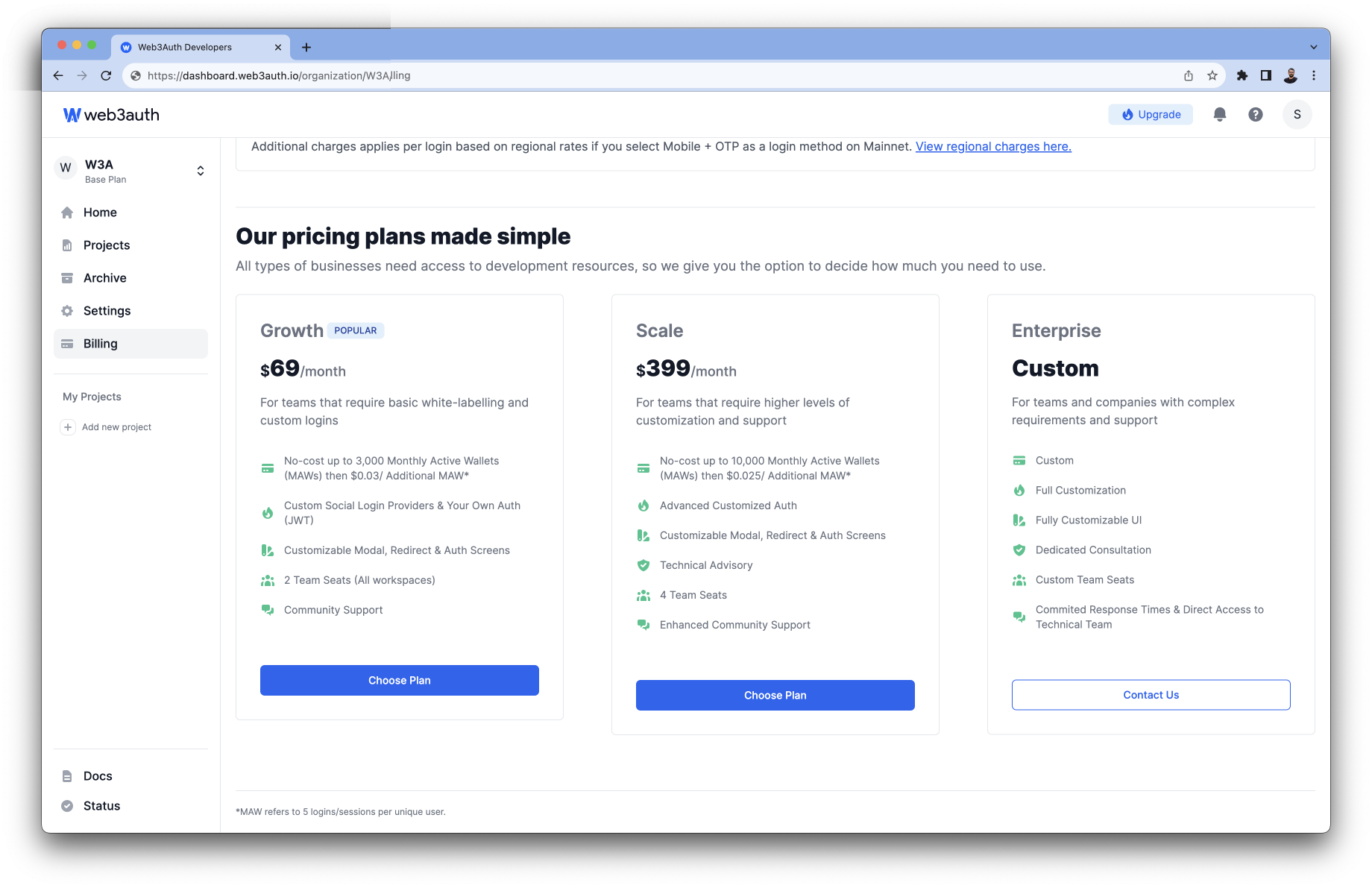 Dashboard Billing Teams Choice of Plans