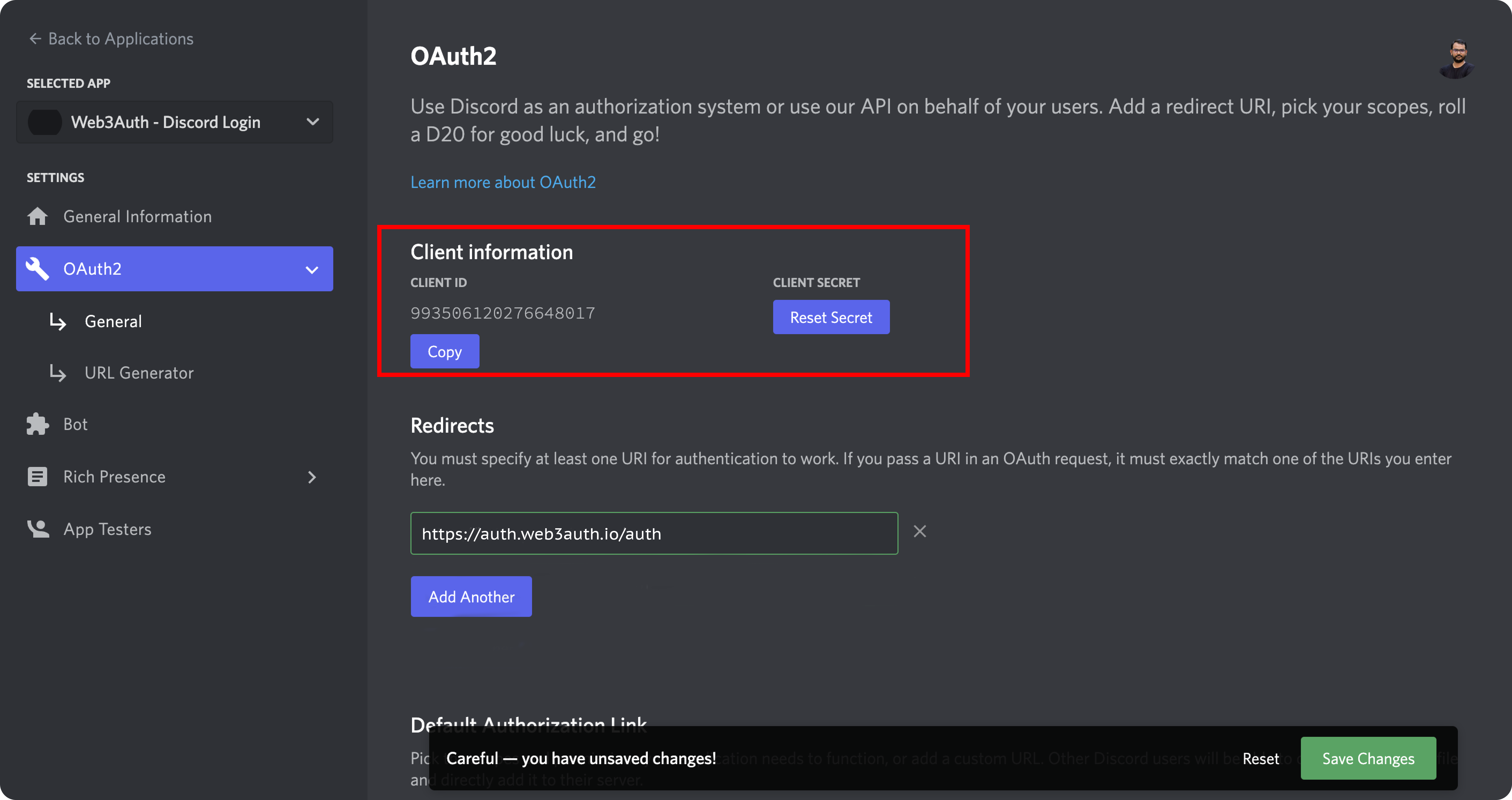 Discord OAuth2.0 App Client ID and Secret