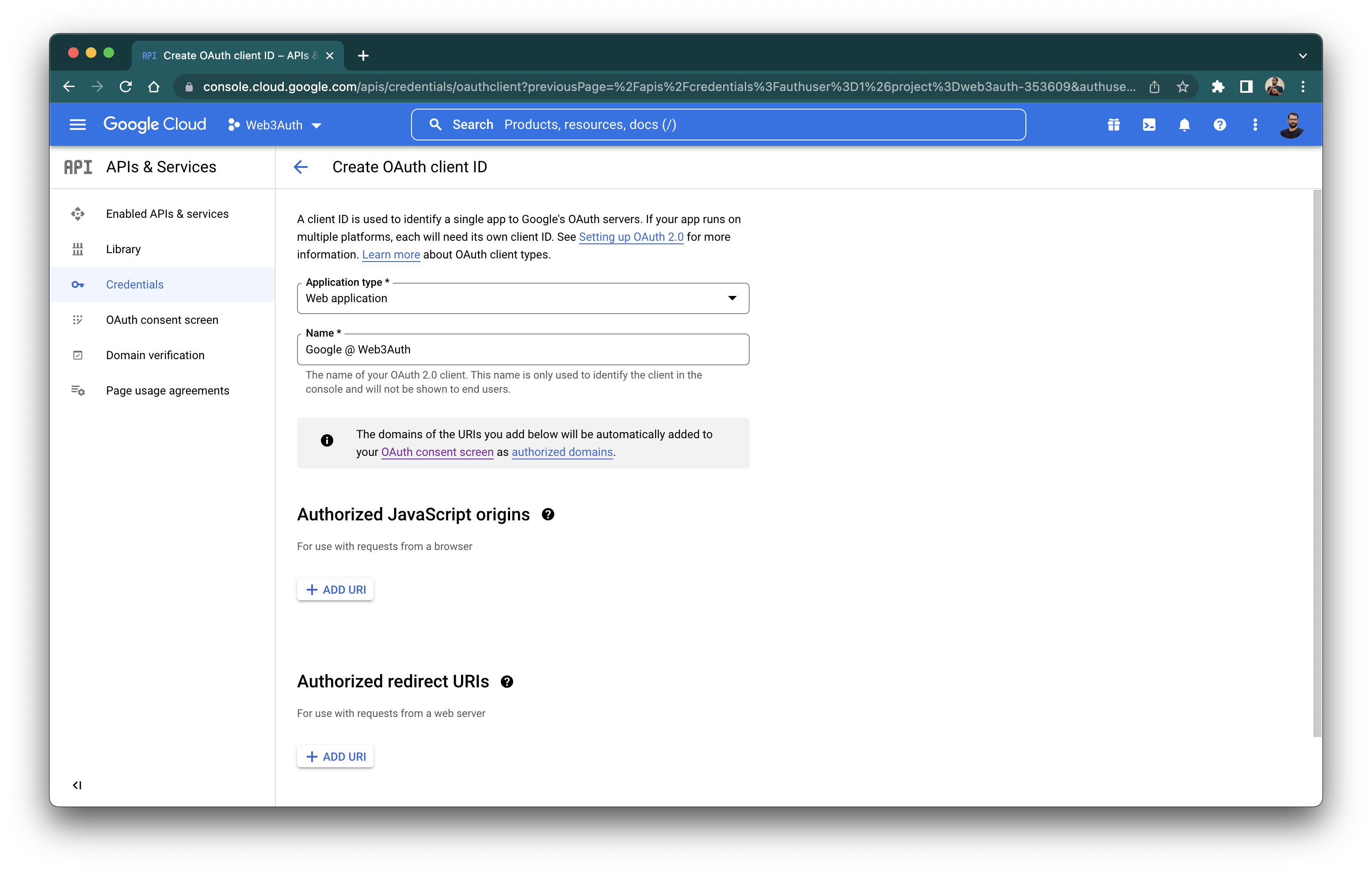 Google OAuth2.0 App Dashboard