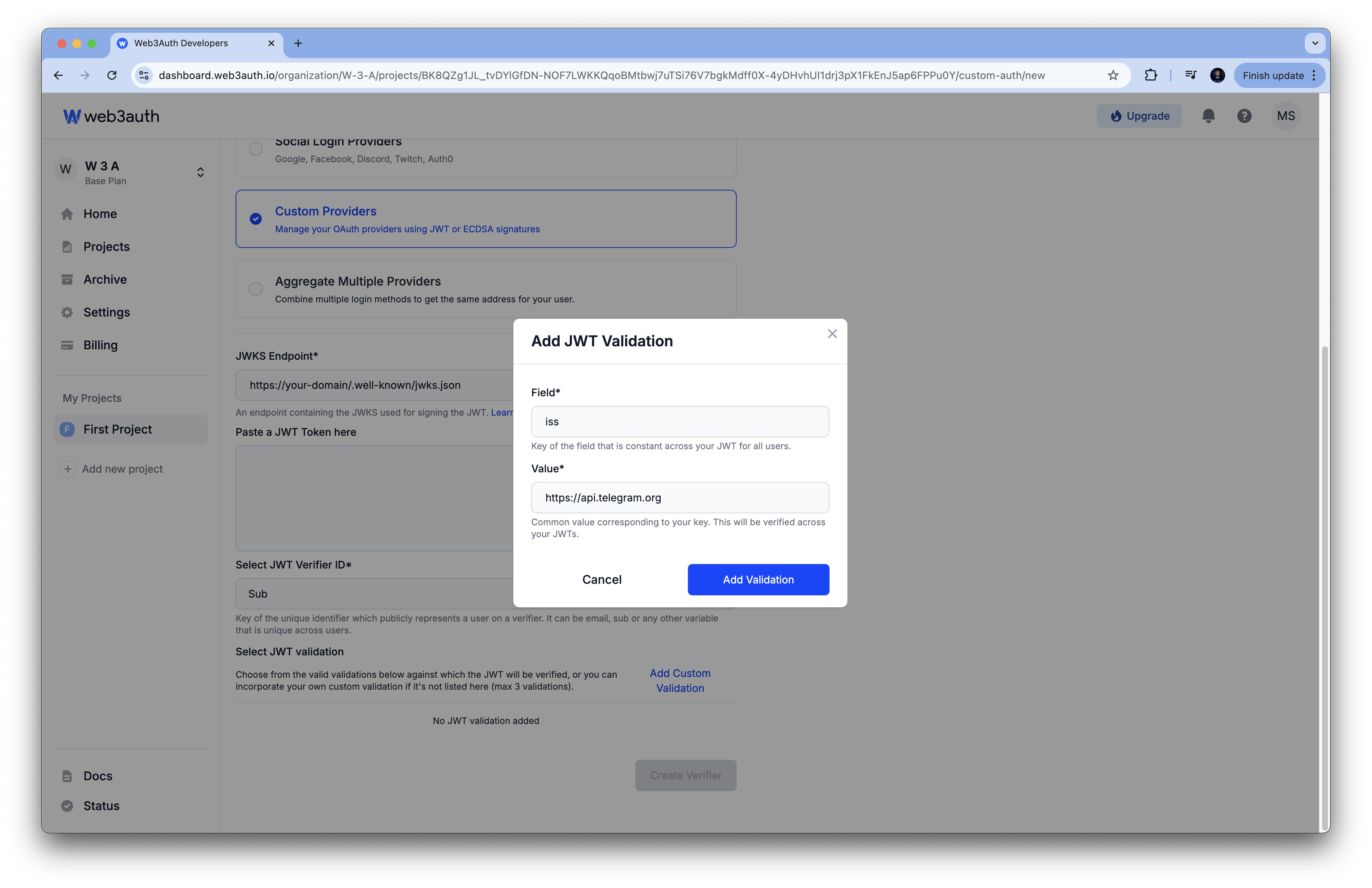 Telegram Verifier validation rules on Web3Auth Dashboard