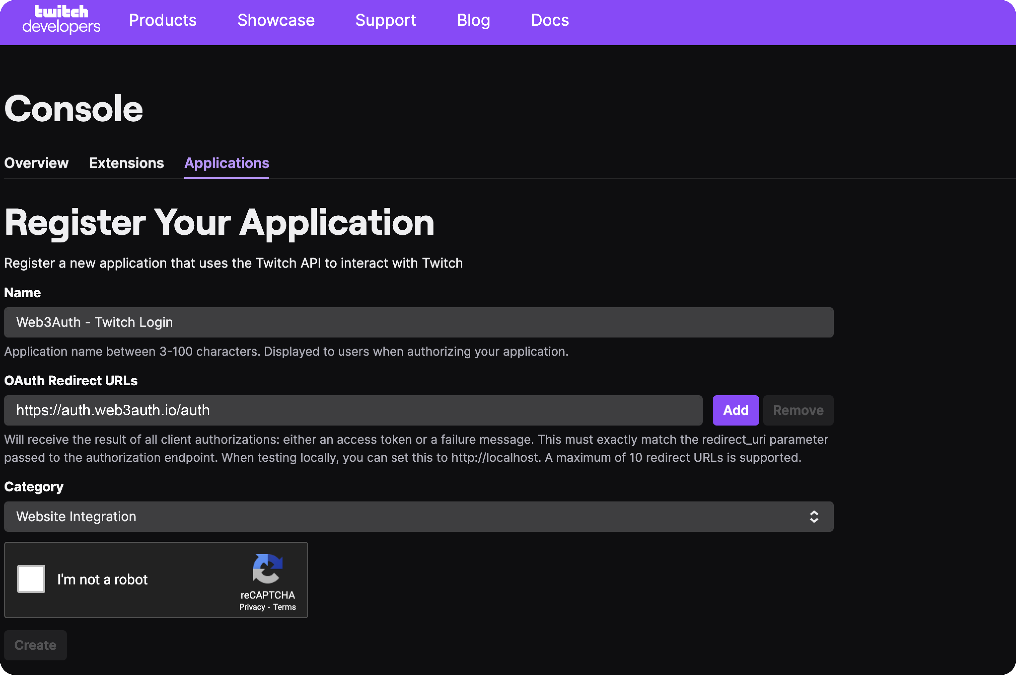 Twitch OAuth2.0 App Dashboard